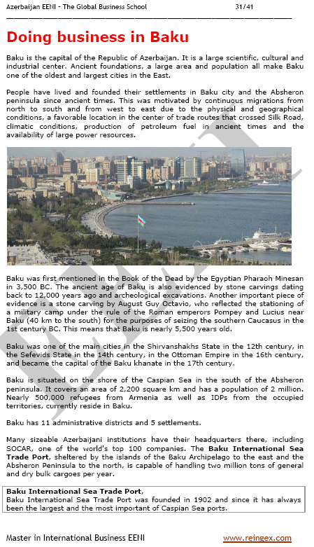 Curso Mestrado: Comércio Exterior e negócios no Azerbaijão Baku