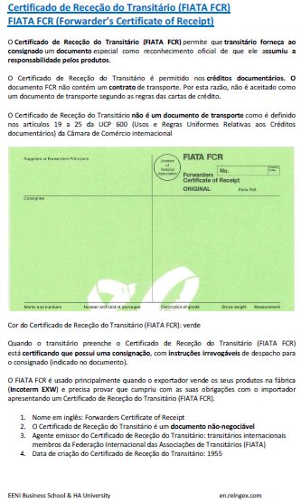 Certificado de Receção do Transitário (FIATA FCR), curso