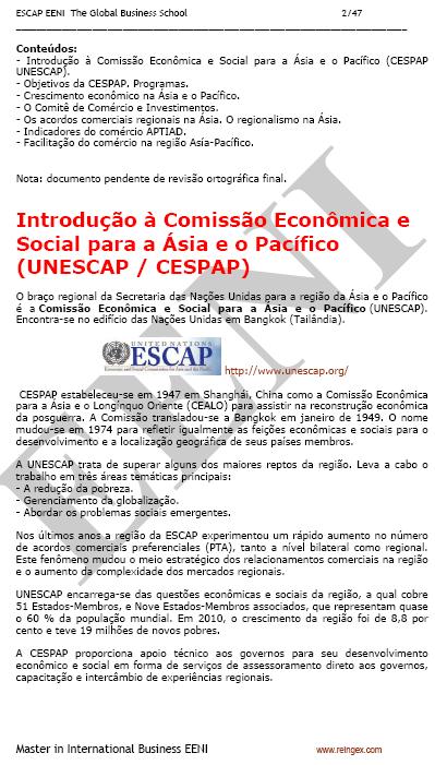 Comissão Económica e Social para a Ásia e o Pacífico (ESCAP / CESAP) Cooperação e integração económica regional na região Ásia-Pacífico