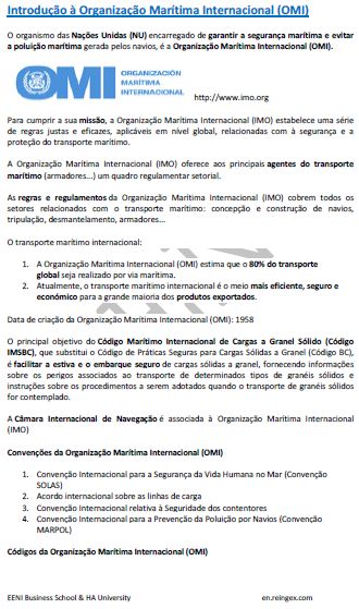 Organização Marítima Internacional (IMO, Mestrado) Convenção FAL Transporte de mercadorias