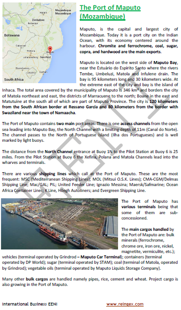 Portos de Moçambique, Maputo, Nacala, Beira (Curso Transporte Marítimo) acesso à África do Sul, Essuatíni (Suazilândia)