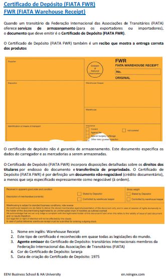 Certificado de Depósito (FIATA FWR) Federação Internacional das Associações de Transitários