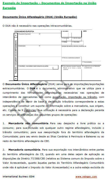 Documento Único Alfandegário (DUA) União Europeia, Portugal